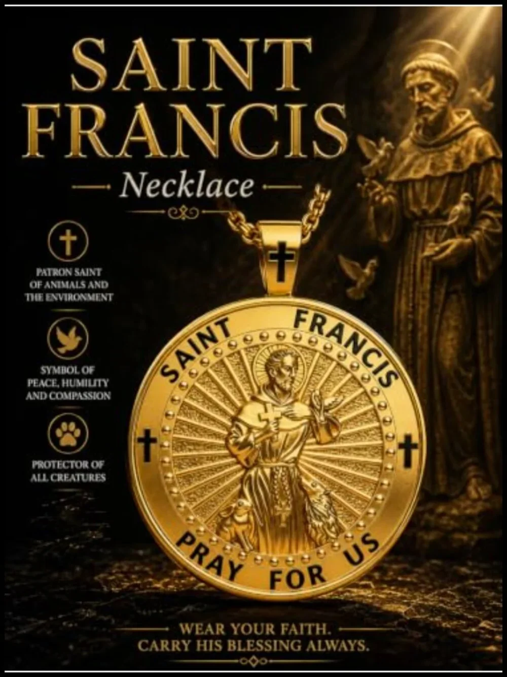 14K Gold Plated St Francis Medal Necklace Catholic Pendant Religious Amulet